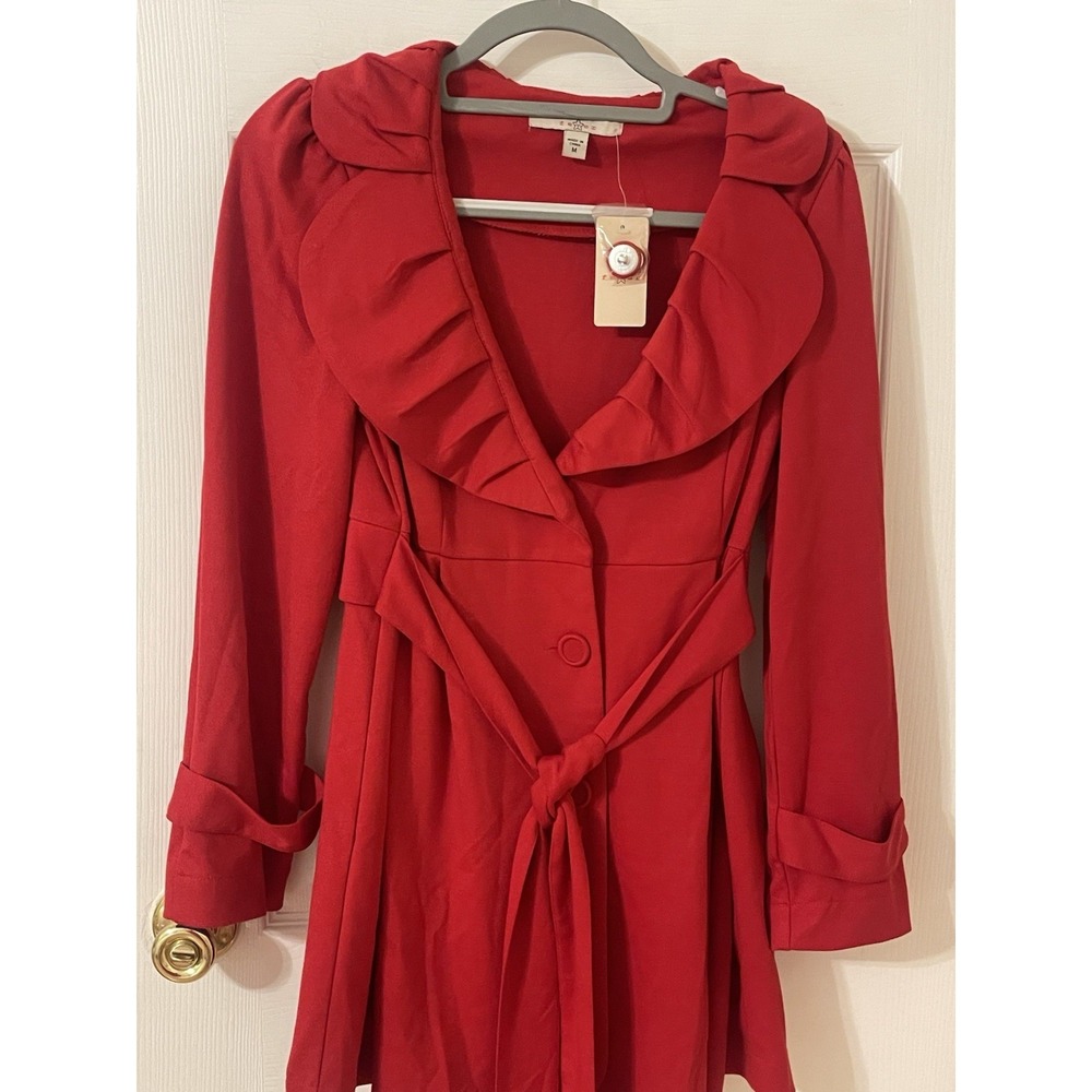 Fever Women's M Red Knit Coat Ruffled Collar Long Sleeve Button Up/Belted NWT